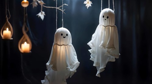 Two hanging ghost decorations with happy faces and candles, creating a whimsical Halloween
