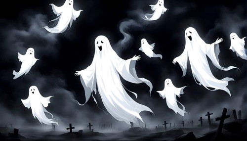 Cartoon ghosts floating in a misty cemetery, creating a spooky and eerie atmosphere at Halloween