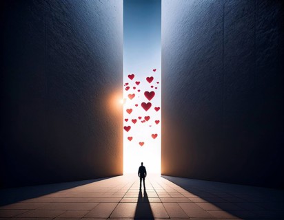 A striking artistic scene depicting a silhouette of a person beneath a vertical column of floating