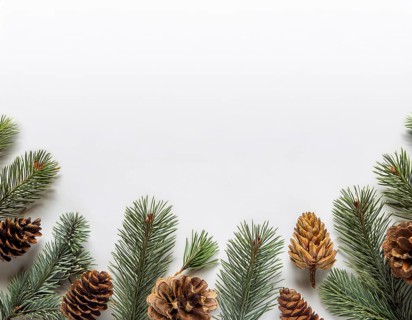 Holiday-themed flat lay with evergreen pine branches and pine cones, evoking a minimalist and
