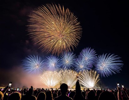 Thrilling fireworks illuminate the dark sky as a crowd gathers to enjoy the dazzling display,