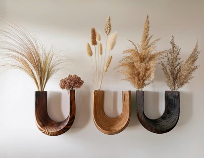 Stylish wooden wall vases holding pampas grass, creating a modern and natural decor. Ideal for home