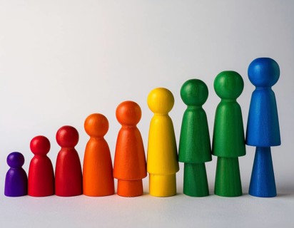 Wooden figurines painted in vibrant rainbow colors, arranged in a neat line on a white surface.