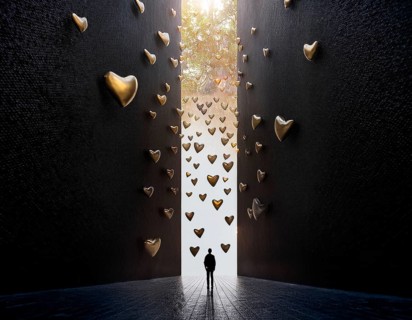 A striking artistic scene depicting a silhouette of a person beneath a vertical column of floating