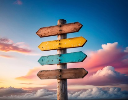 Rustic wooden direction signs painted in vibrant colors with a beautiful sunset background evoking