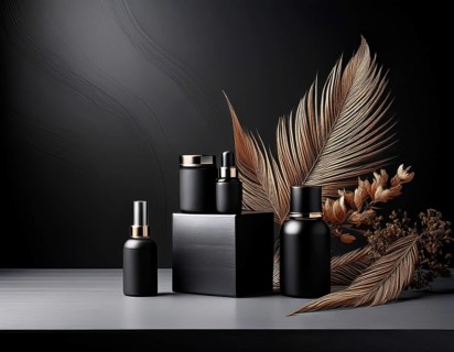 Skincare bottle showcased with dried flowers and a natural prop, creating a minimalist aesthetic.