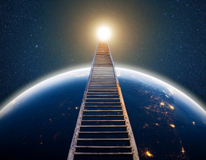 A ladder extends toward the glowing full moon against a starry night sky, evoking dreams and