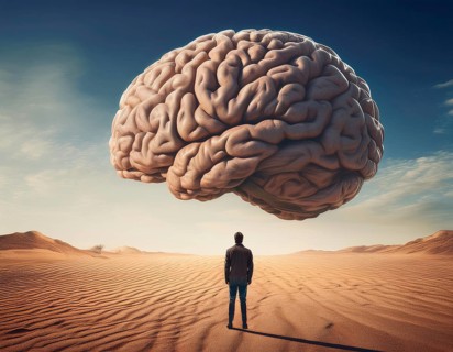 A lone figure stands before a giant brain floating in a surreal desert setting, symbolizing