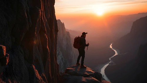 Far silhouette of exploration of an adventurous traveler on the blink of the cliff. AI generated