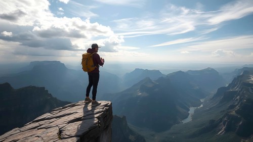 Far silhouette of exploration of an adventurous traveler on the blink of the cliff. AI generated