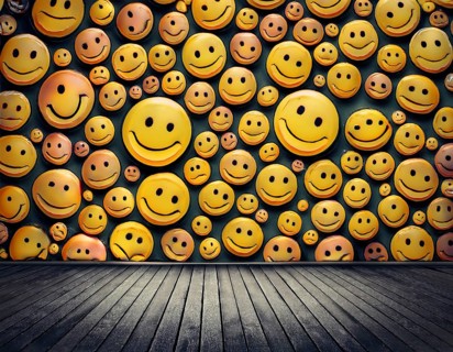 Colorful illustration featuring a seamless pattern of cheerful smiley faces on a blue surface,