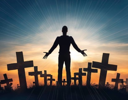 A silhouette of a lone figure walking off a gravestone, The scene evokes Resurrection thoughts
