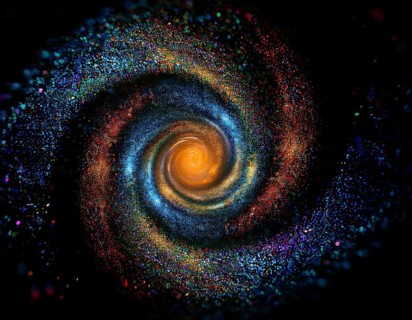 Abstract representation of a colorful swirling galaxy formed by vibrantly arranged particles and