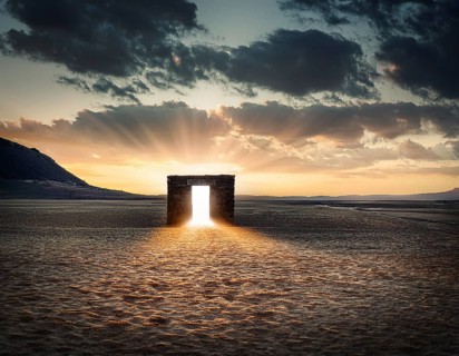 Glowing door is a portal to another world. Mysterious door with glowing light, AI generated