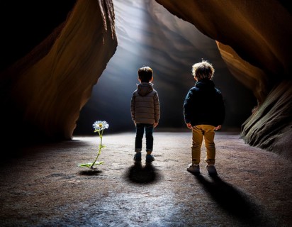 A dark canyon with a child standing near a blooming yellow flower, symbolizing hope in solitude, AI