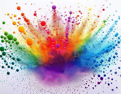 Vibrant and energetic multicolored powder explosion captured against awhite background. Evoking