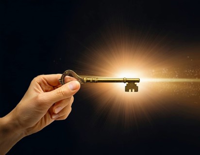 A hand holds an antique key, leading to a bright light in a keyhole shape, symbolizing opportunity,