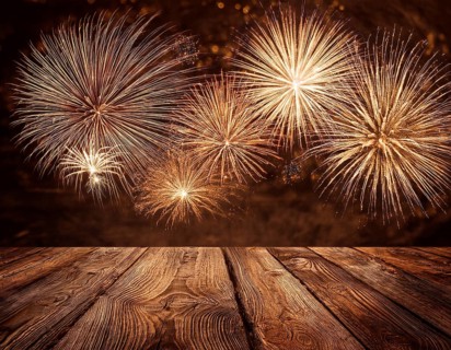 Elegant Fireworks Display Over Wooden Deck During Night Celebration, AI generated