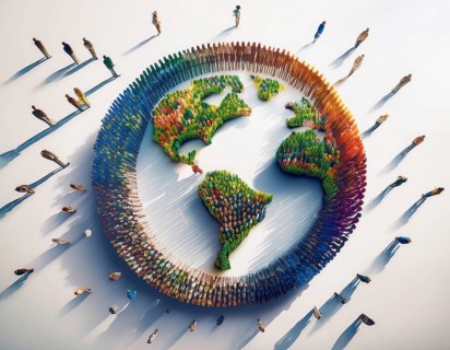 A vibrant image showcasing a diverse group of people encircling a colorful earth depiction,