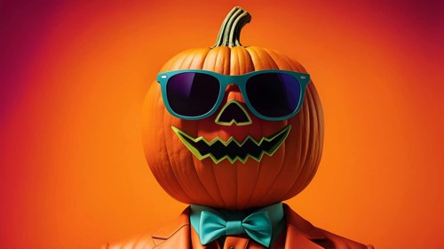 Carved Halloween pumpkin character in sunglasses and green blue bow tie wearing an orange suit, on