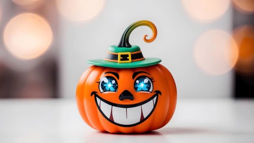 A cheerful pumpkin with a witch hat, sparkling blue eyes, and big white teeth, set against a