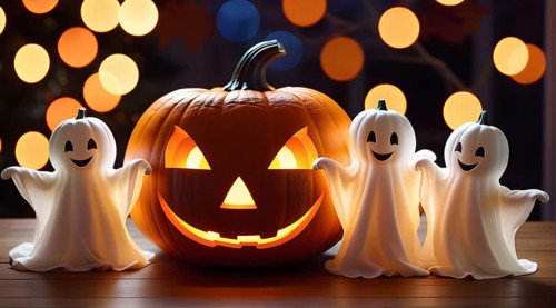 Trio of ghosts, three cute lovely childish baby ghosts on wooden table next to glowing carved