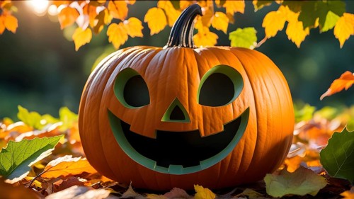 Carved friendly smiling Halloween pumpkin on fallen autumn leaves under the tree in the park. AI