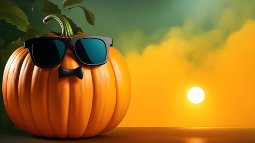 Cool Halloween pumpkin with bow tie mustache wearing sunglasses against whimsical intricate sunset