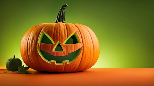 Carved orange Halloween on orange surface, against light green background with clean empty blank