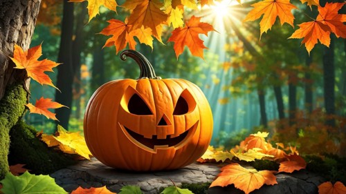 Carved Halloween pumpkin on a stone in the forest under the tree, fallen autumn leaves around,
