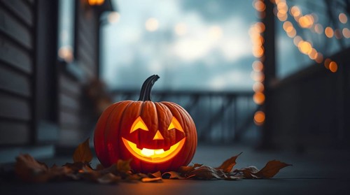 A carved pumpkin with a friendly grin glows softly on a wooden porch, illuminated by its inner