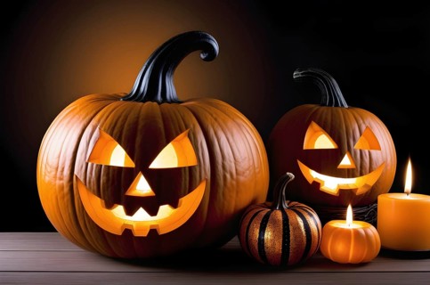 Jack-o-lanterns, carved Halloween pumpkins on a wooden table, minimalistic dark background,