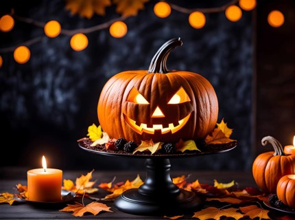 Halloween orange ribbed pumpkin or jack-o-lantern glowing on a cake stand, autumn leaves and