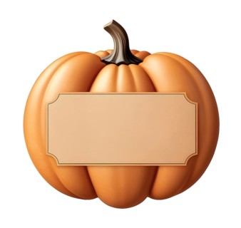 A vibrant orange pumpkin with a smooth surface and a blank label sits ready for Halloween,