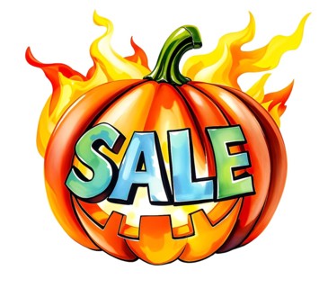 A vibrant painted burning pumpkin with the word 'SALE' and flames, conveying a hot Halloween sales