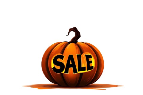 An orange pumpkin with the word 'SALE' carved into it, set against a white background, conveying a