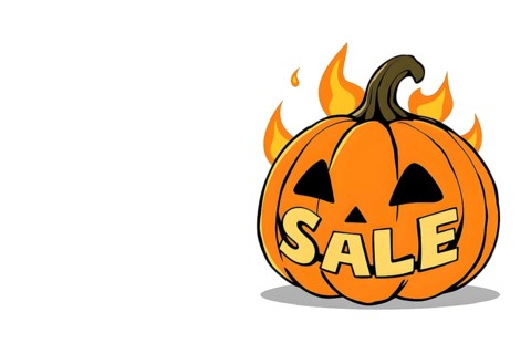 A flaming cartoon jack-o-lantern in fire with text sale for Halloween special offers or marketing