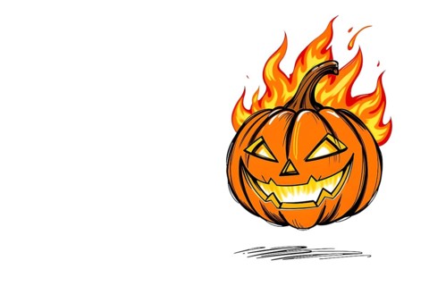 A flaming jack-o'-lantern with a sinister grin, set against a white background, Halloween theme. AI