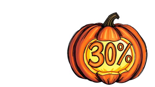 Illustration of a pumpkin with a 30% discount symbol carved, themed for Halloween sale. AI