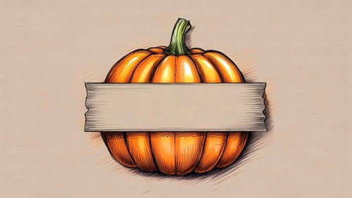 A detailed drawing features a round orange pumpkin with textured grooves and a blank banner wrapped
