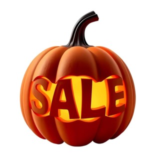 A carved pumpkin with text 'SALE' lit from within, creating a festive Halloween atmosphere. AI