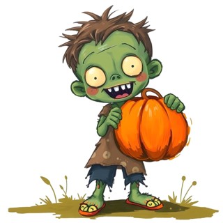 Cute green zombie kid with rosy cheeks holding a pumpkin bucket against white background on