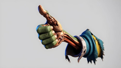 A realistic 3D cartoon green zombie hand with exposed muscles giving a thumbs up, Halloween or Day