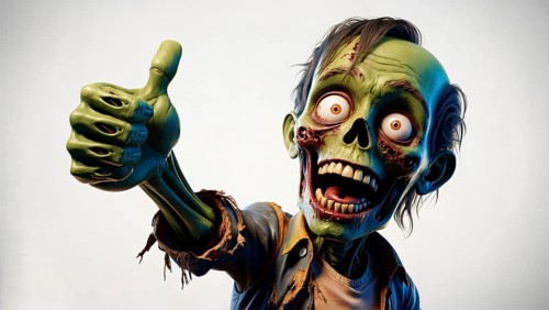 Cartoon zombie with green skin giving a thumbs up, featuring an excited expression. AI generated