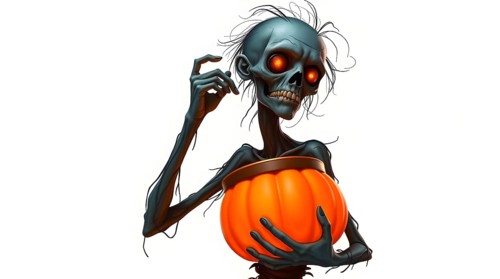 A graceful zombie with glowing eyes delicately holds an orange pumpkin bucket. This unique figure