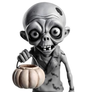 Close up depiction of zombie holding pumpkin bucket on Halloween in black and white illustration