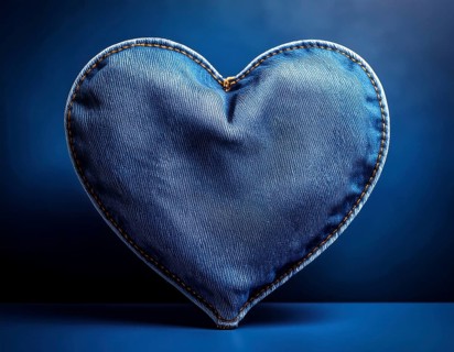 A beautiful heart-shaped denim pillow, symbolizing love and creativity, designed from repurposed