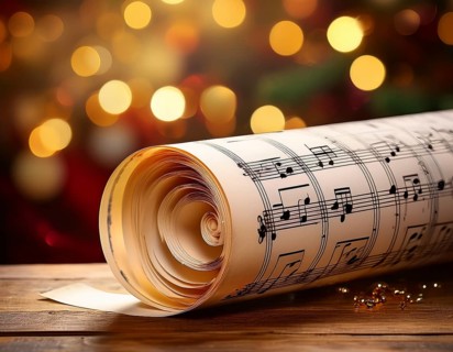 A close-up image of rolled sheet music placed on a rustic surface, highlighted by a warm bokeh