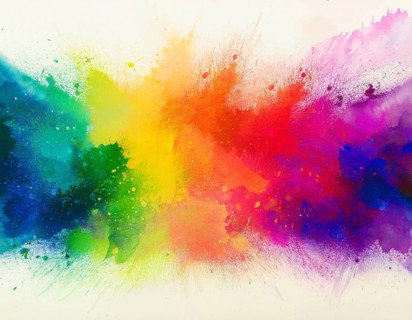 Colorful abstract art depicting a vibrant explosion of rainbow hues on a white background, evoking