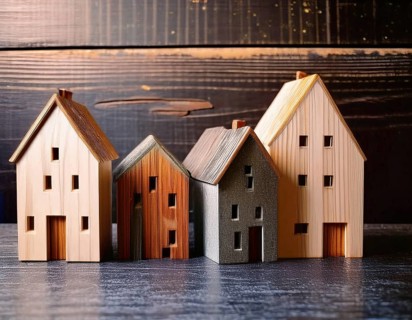 A collection of small model houses with cozy lighting, creating a warm and inviting atmosphere, AI
